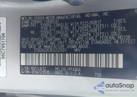 2005 Toyota Sienna Xle from USA, damaged, VIN 5TDZA22C95S237601